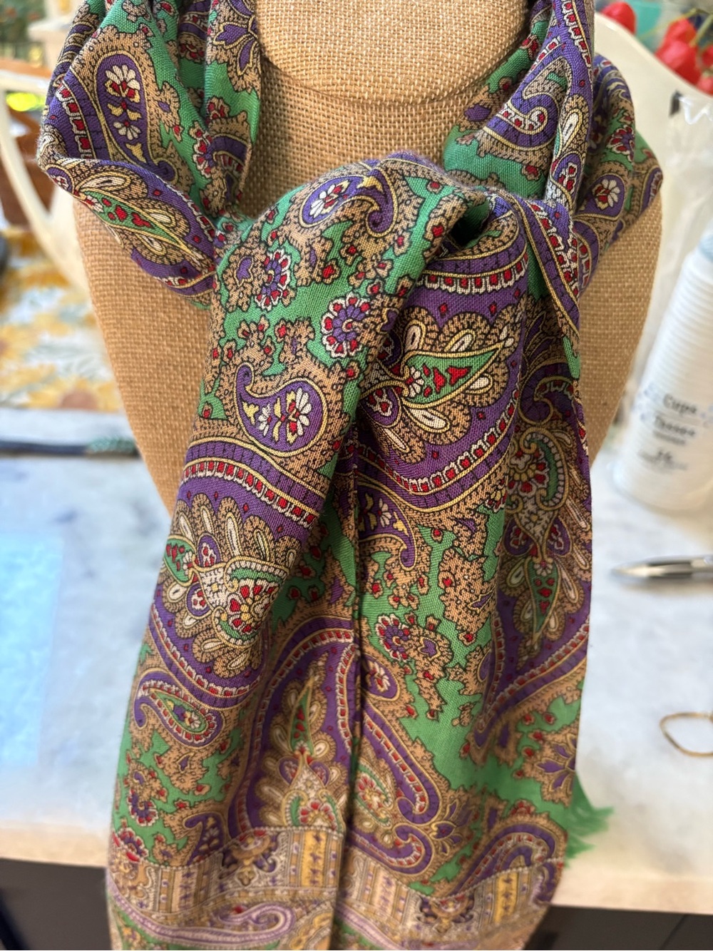 Wool, Silk  Blend Paisley Green and Purple Women's Scarf - Lightweight Accessory